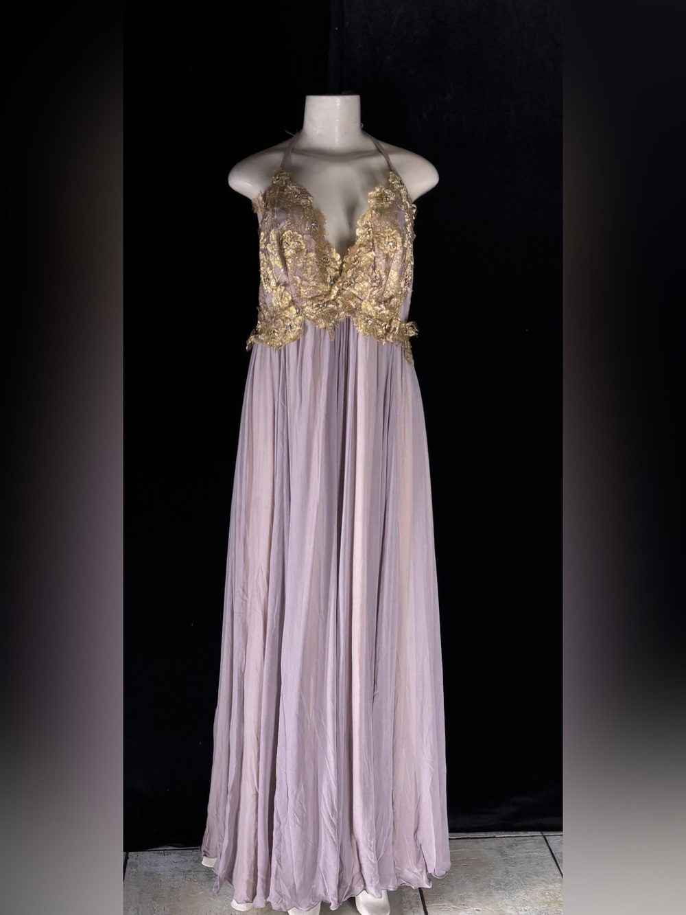 Lavender Maxi Dress with Gold Lace Bodice